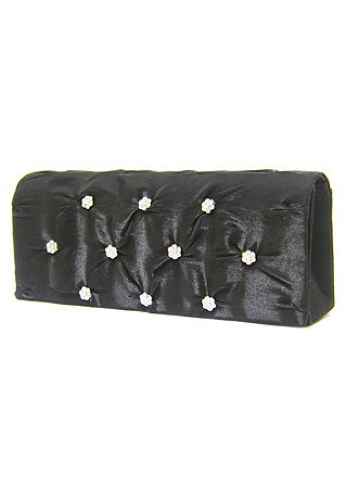 Evening Bag - Satin Embellished w/ Flower Rhinestones – Black – BG-38044BK